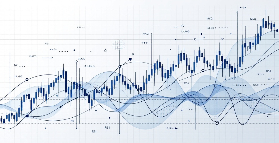 Minimalist sketch illustration of advanced trading analysis tools including trend lines, patterns, and oscillator waves on a chart