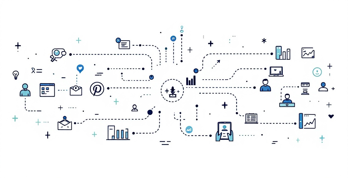 Minimalist diagram showing integrated marketing channels connected to a central hub with dotted lines and accent colors