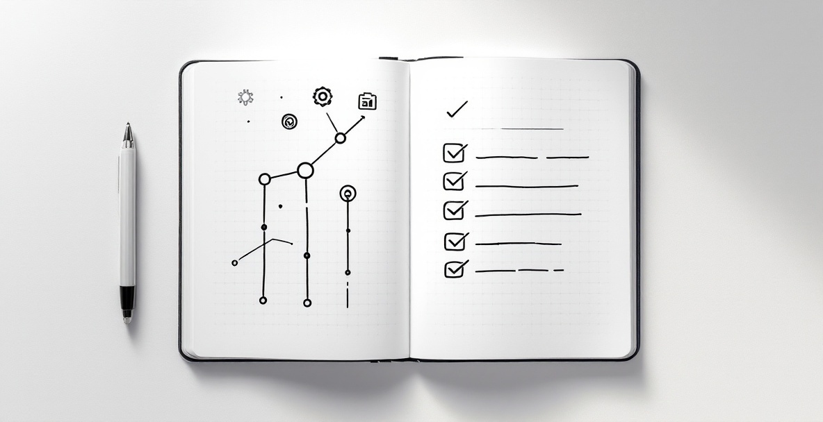 Minimalist sketch-style implementation guide shown as notebook with roadmap, checkboxes, and icons representing action steps