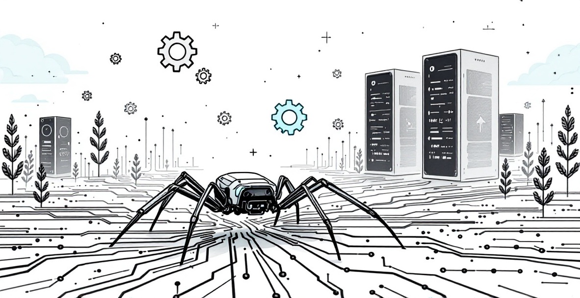 Minimalist sketch of a spider robot crawler navigating through interconnected servers with circuit pathways and code fragments