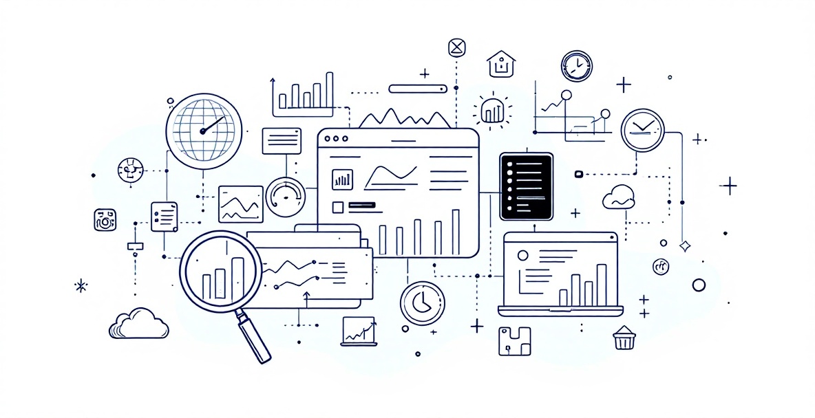 Minimalist sketch of monitoring tools including dashboards, gauges, and charts connected by dotted lines with blue accents
