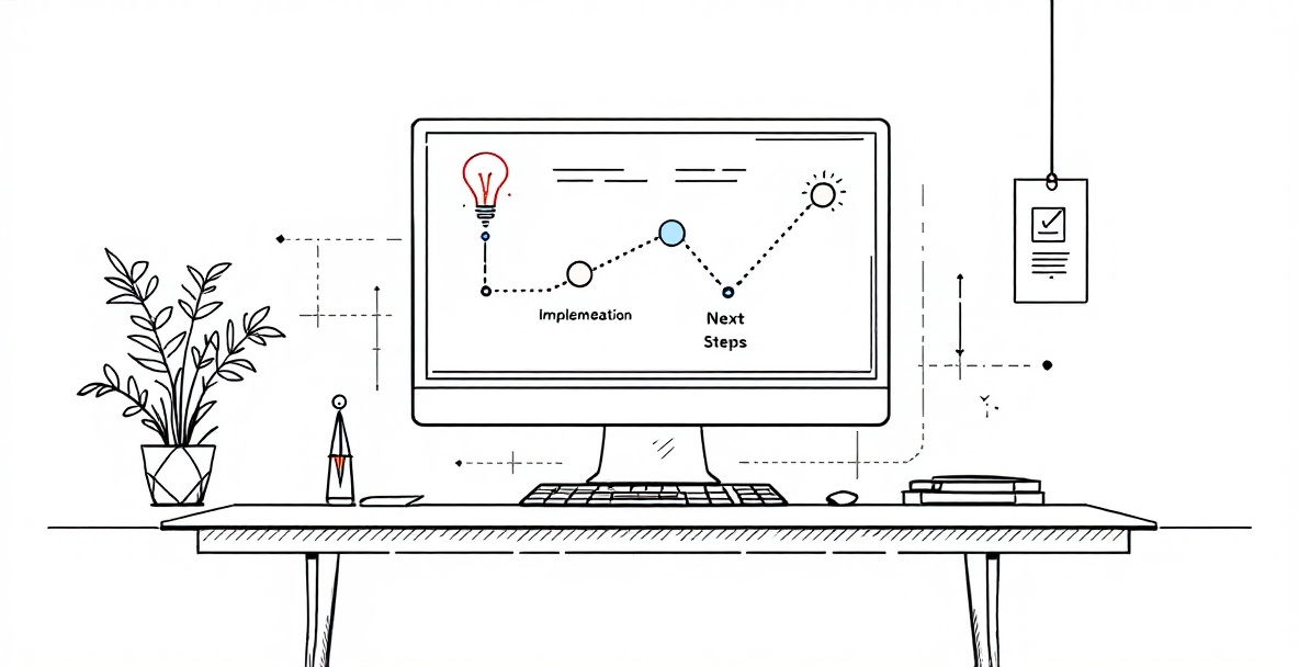 Minimalist sketch of an implementation roadmap with flowchart, milestones, and compass pointing to Next Steps
