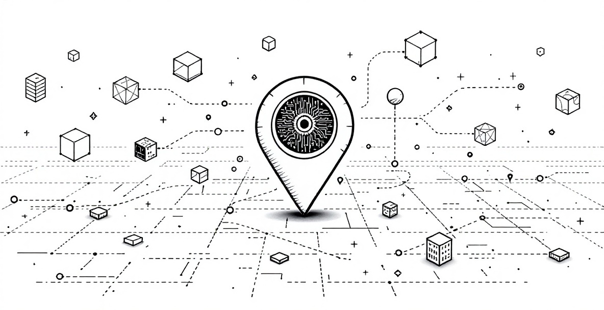 Minimalist sketch of a map pin with circuit patterns surrounded by geometric shapes representing local search algorithms