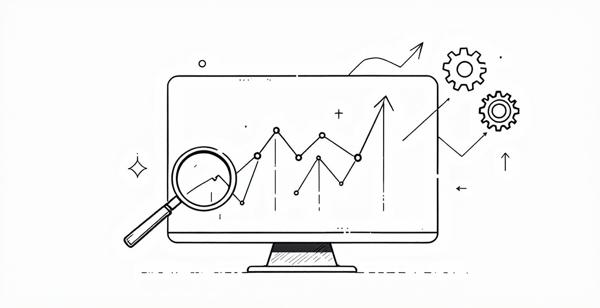 Minimalist illustration of analytics dashboard with upward trending graphs, magnifying glass, and optimization gears