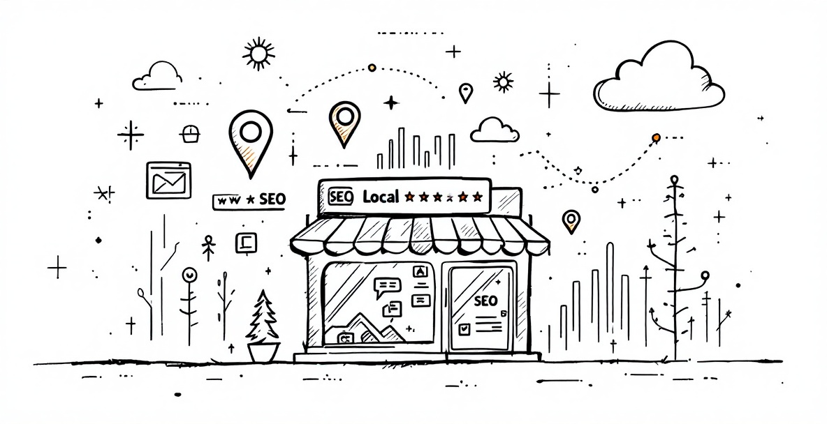 Sketch of storefront with digital elements like map pin and ratings, connected to a smartphone map and SEO symbols