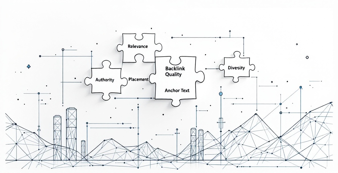 Minimalist line drawing of puzzle pieces labeled with backlink quality elements forming a network above a digital landscape