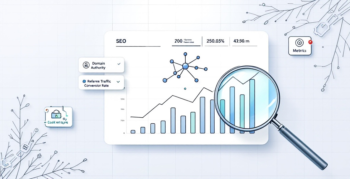 Minimalist dashboard showing backlink analytics with charts, network diagram, and SEO metrics in a clean line art style