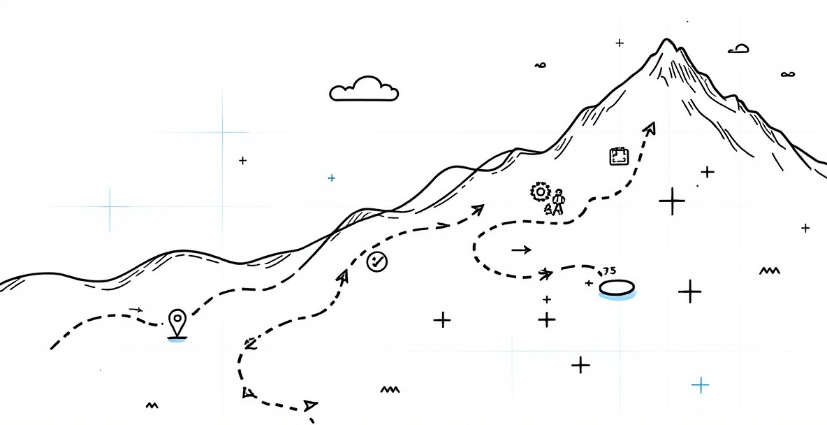 Minimalist roadmap sketch showing stepping stones to a mountain summit with implementation tools and milestone markers