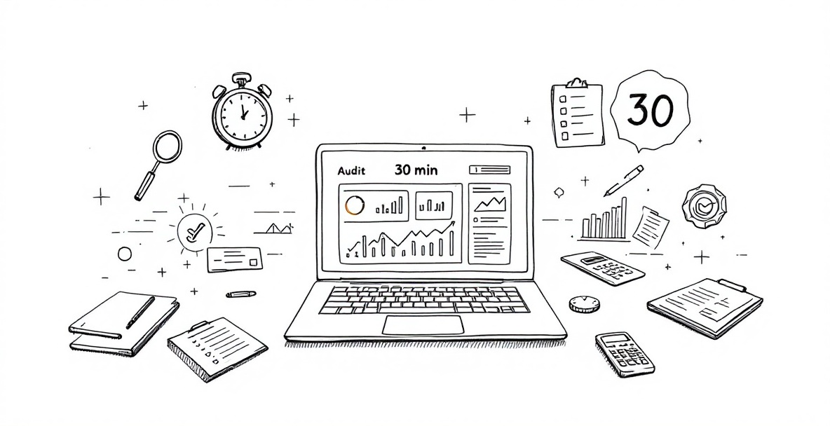 Minimalist sketch of laptop with audit dashboard surrounded by audit tools and a '30 min' timer