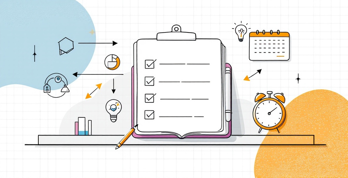 Minimalist illustration of an open notebook with to-do list, timer, and planning elements on a blue gradient grid background