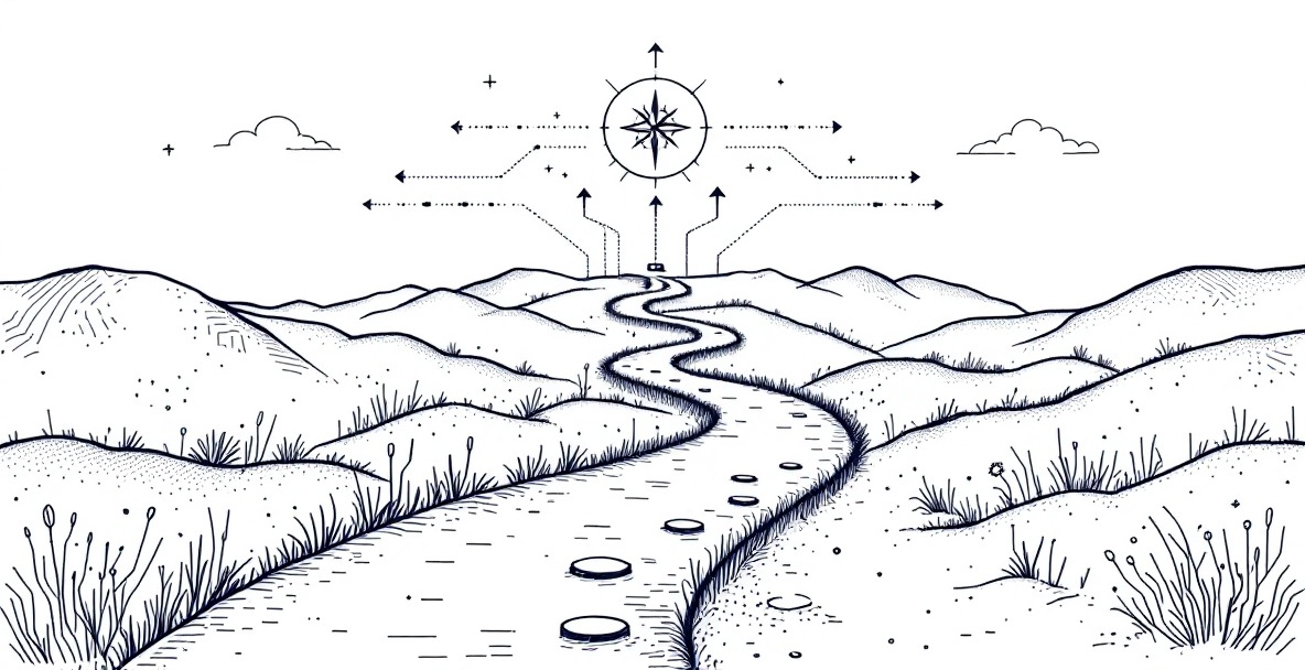 Minimalist sketch of a winding path with branching routes, technology symbols, and a compass, representing a journey forward.
