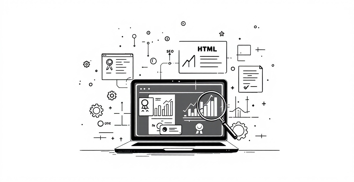Minimalist line drawing of laptop showing SEO analytics, with certificate and digital elements on white background