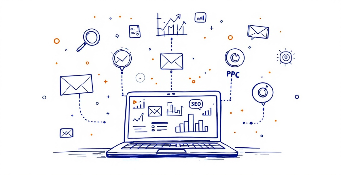 Minimalist sketch of a laptop displaying data visualizations, surrounded by connected digital marketing certification icons