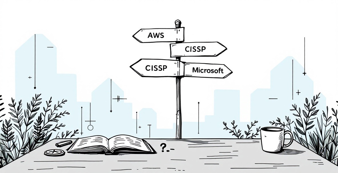 Minimalist sketch of a crossroads with IT certification signposts, notebook with question mark, and coffee mug