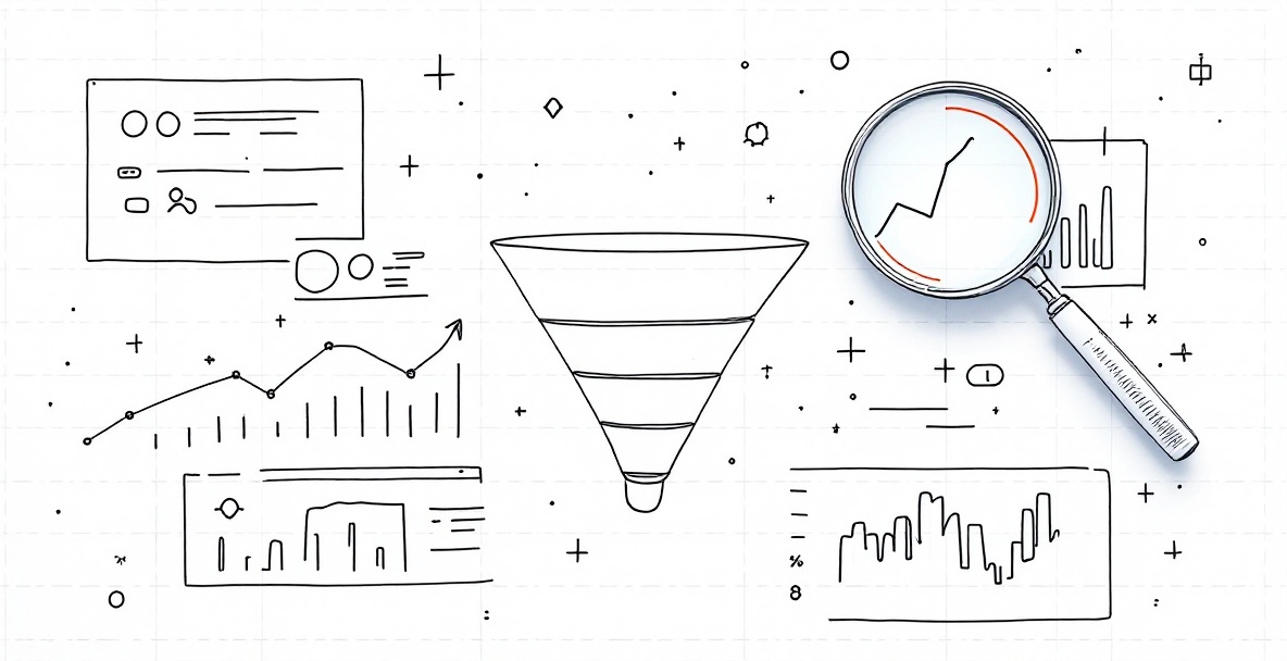 Minimalist sketch illustration of a conversion funnel analytics dashboard with graphs, UI elements, and data visualizations