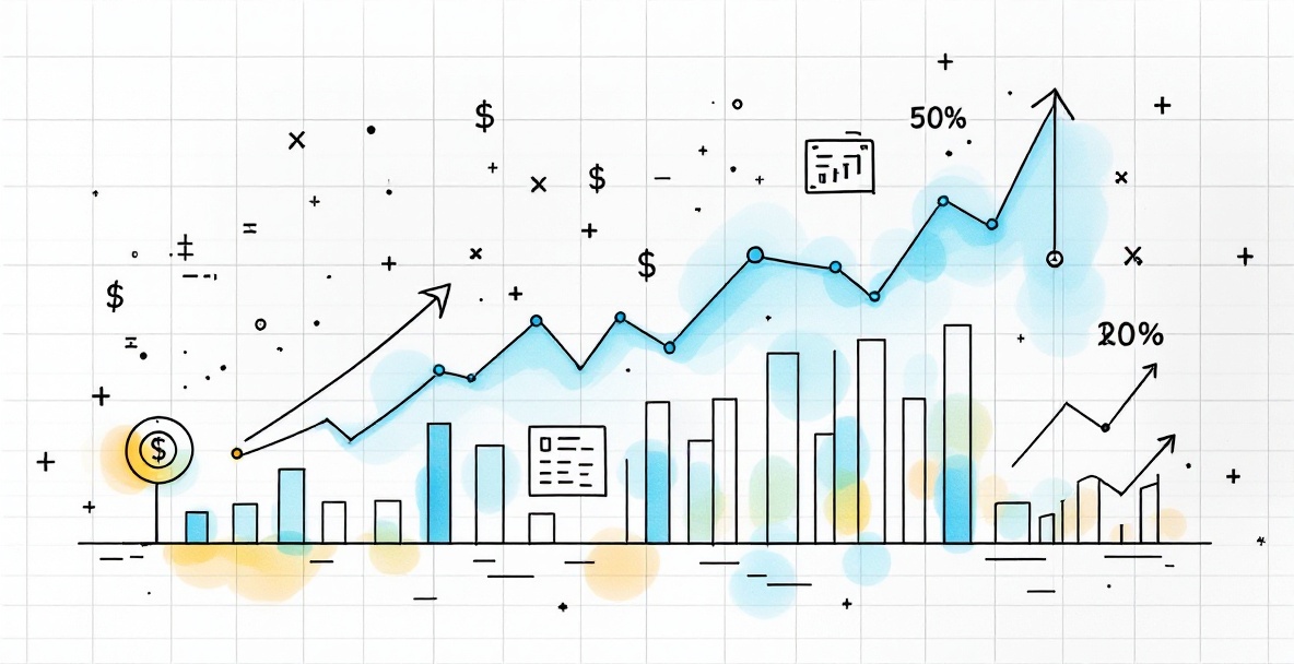 Minimalist sketch of content performance metrics dashboard with charts, graphs, and ROI symbols on a grid background