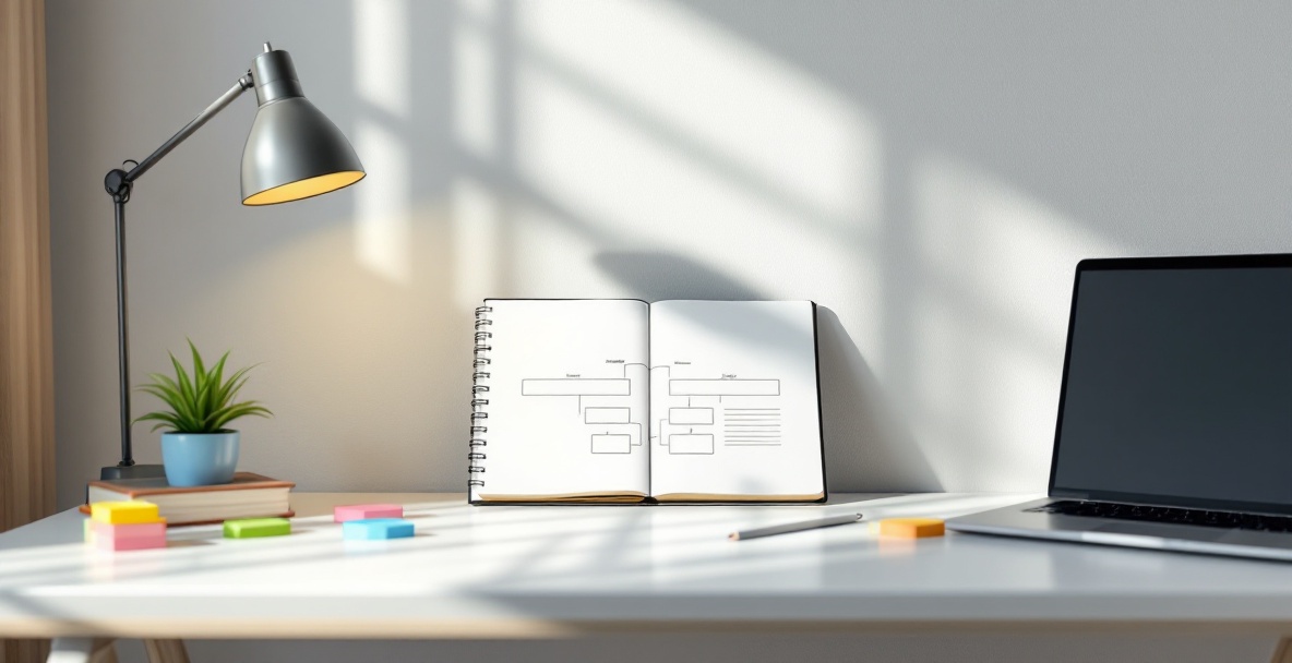 Minimalist workspace with notebook showing content strategy framework diagram, laptop, and organized sticky notes