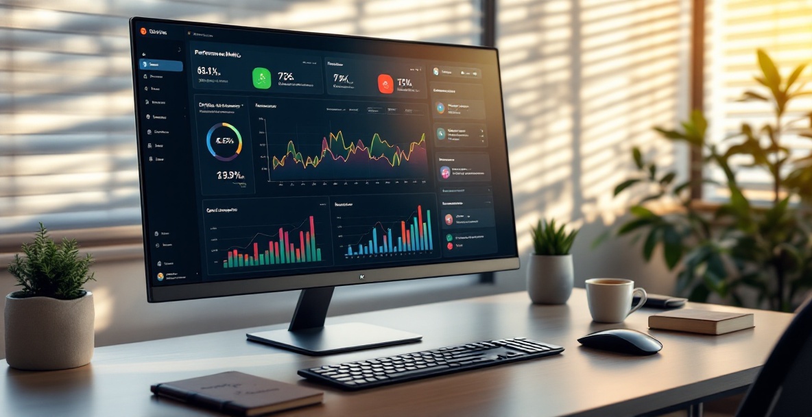 Dashboard display showing performance metrics with colorful graphs, charts and KPI indicators on a modern computer monitor