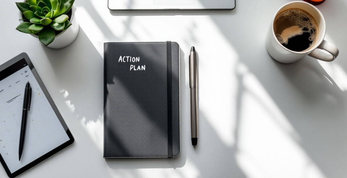 Minimalist workspace with open notebook labeled 'ACTION PLAN', pen, tablet, succulent, and coffee mug in natural light