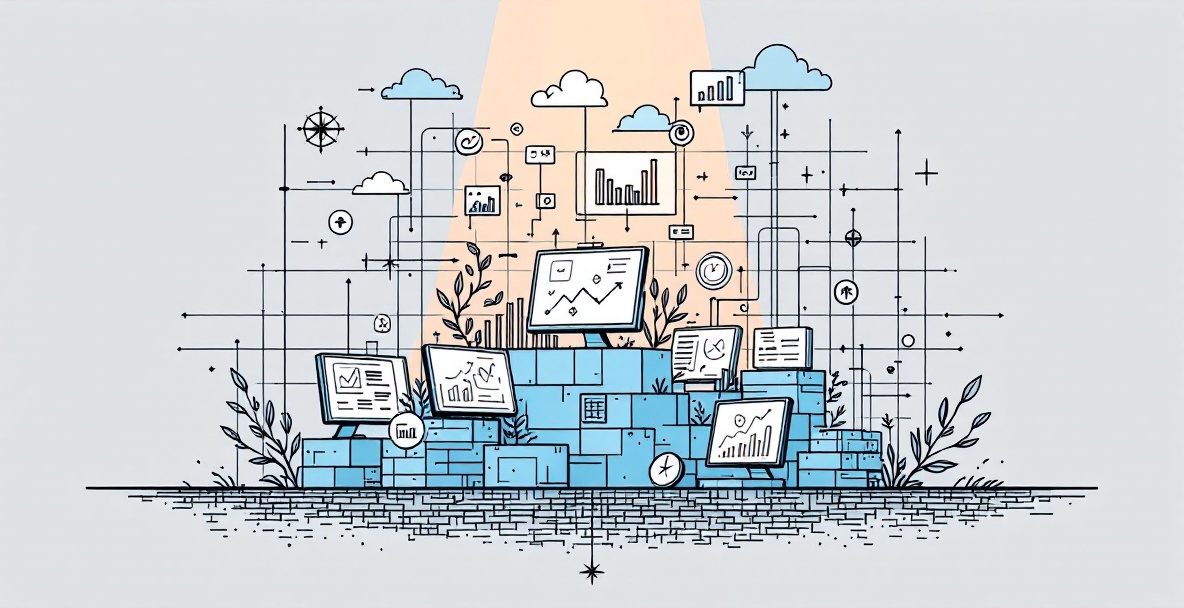Minimalist blueprint illustration of digital SEO foundation with analytics dashboards, data blocks, and metrics visualizations