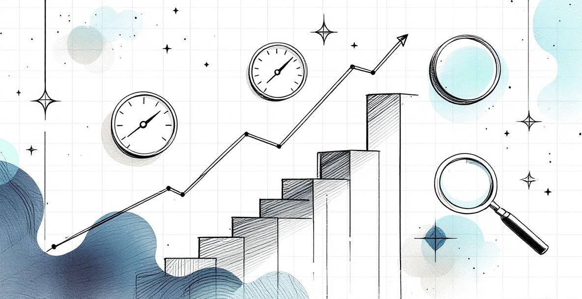 Minimalist illustration of success measurement tools including a rising graph, gauge meters, and a magnifying glass examining data.