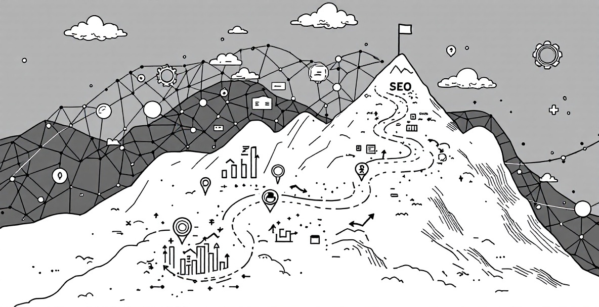 Minimalist sketch of an SEO roadmap showing a path from analytics dashboard to success summit with key milestones