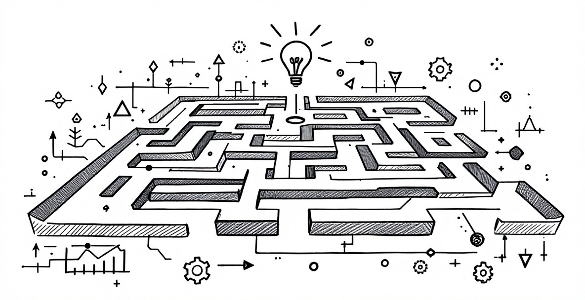 Minimalist sketch of a maze with pathways to a target, geometric shapes, upward graph, and lightbulb icon