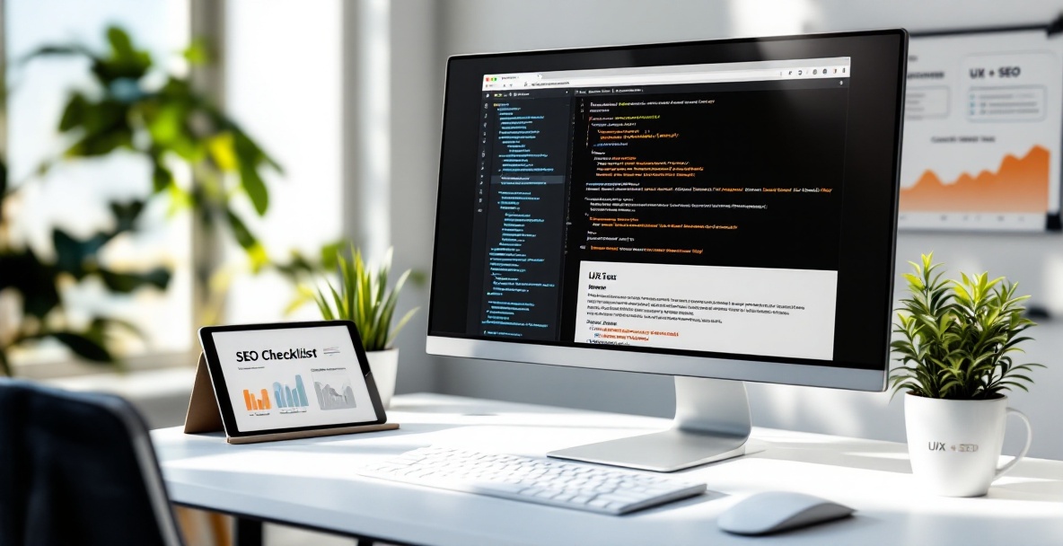 Minimalist SEO workspace with monitor displaying optimized webpage, SEO checklist notebook, analytics tablet, and UX+SEO coffee mug