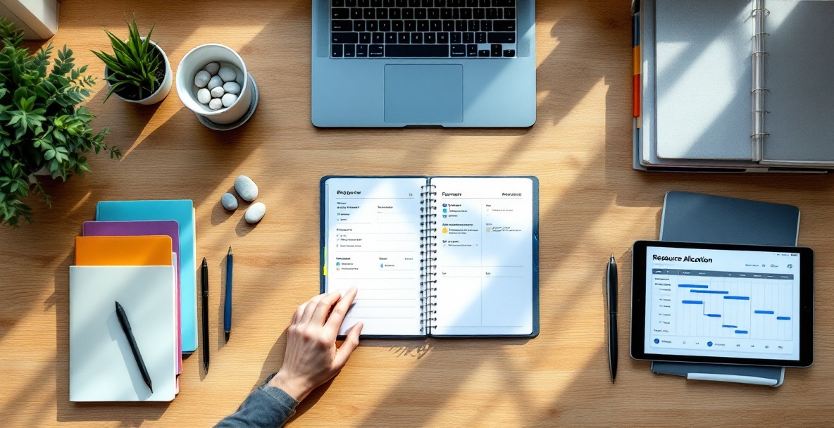 Minimalist office desk with organized planner, balance scale, color-coded tools, and digital displays showing resource allocation