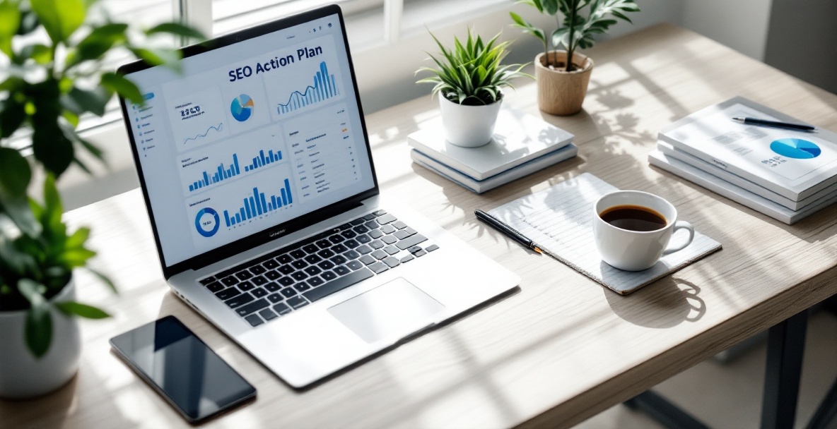 Organized SEO workspace with laptop showing analytics dashboard, notepad with action plan, and office accessories
