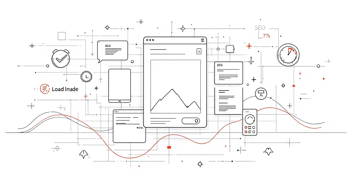 Minimalist wireframe of an e-commerce product page showing technical optimization elements and SEO features