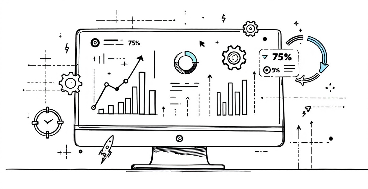 Minimalist sketch of analytics dashboard showing upward-trending graphs, charts, and performance metrics with blue and green highlights