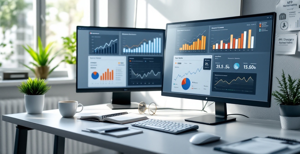 Modern office workspace with dual monitors displaying SEO analytics dashboards, performance metrics, and keyword tracking tools
