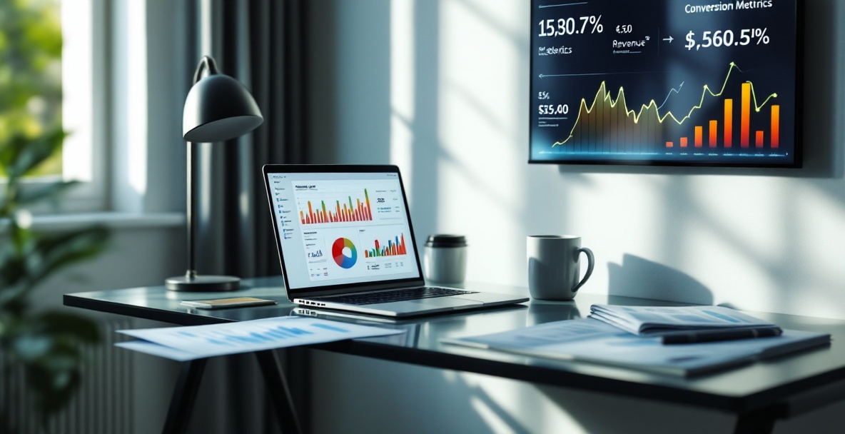 Minimalist workspace with laptop showing SEO analytics, business report with upward chart, and digital revenue metrics display