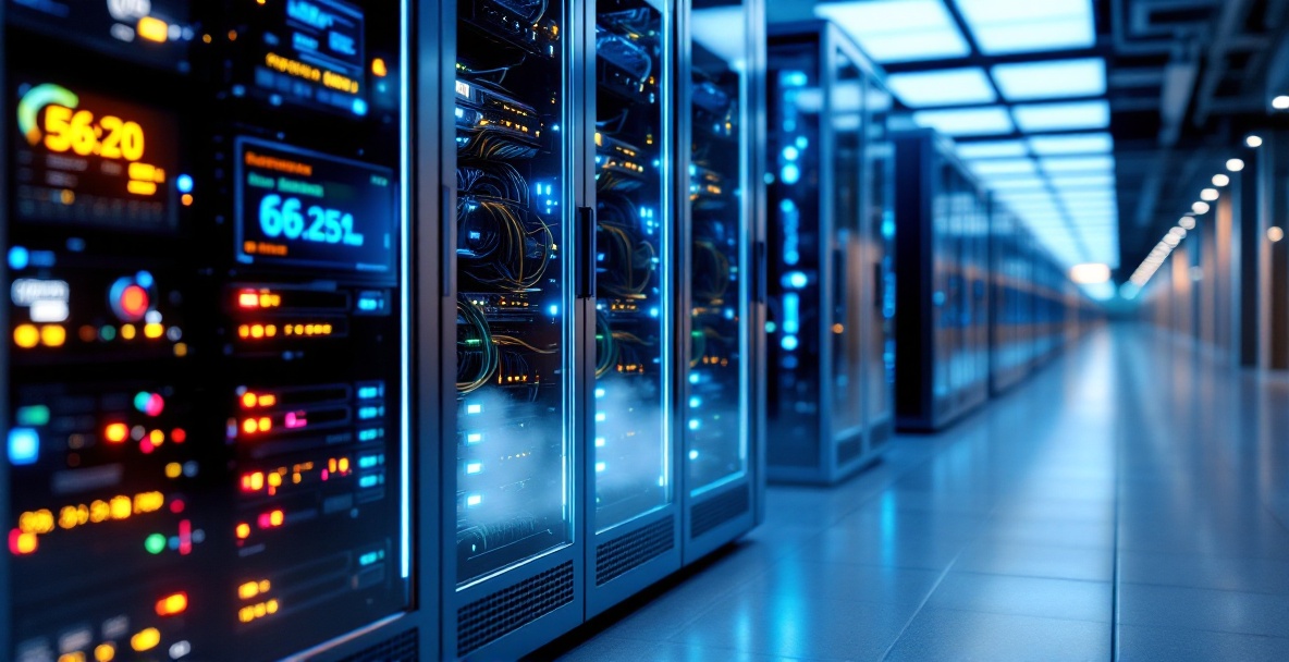 Bird's eye view of modern server racks in a data center with blue lighting, organized cables, and performance metrics displays