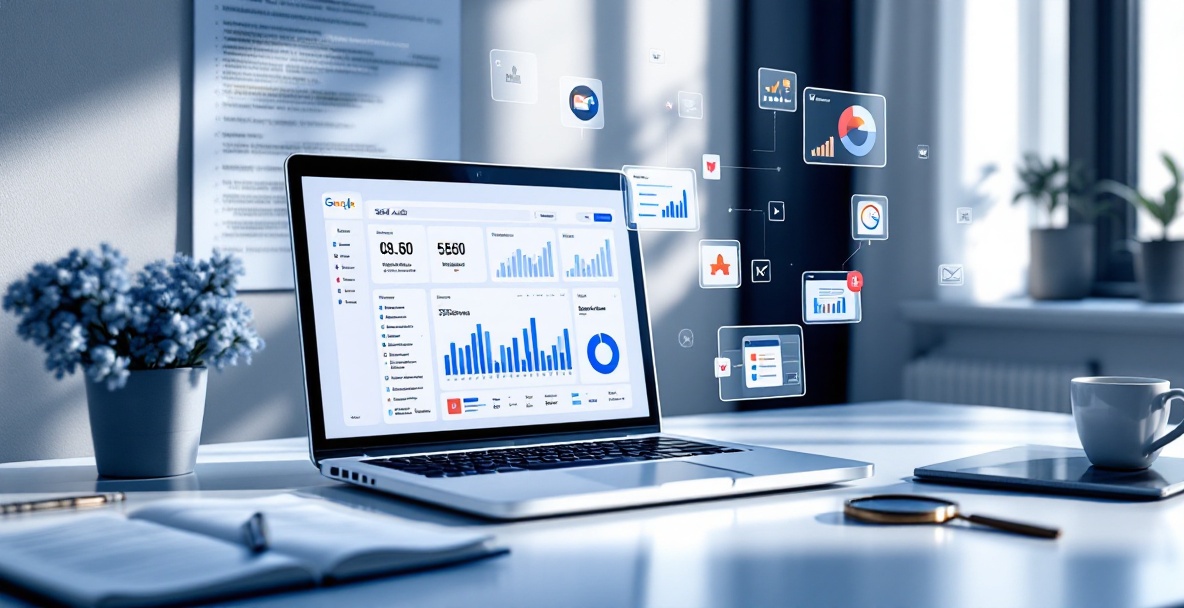 Minimalist workspace with laptop displaying SEO audit dashboard, digital elements, and technical SEO tools