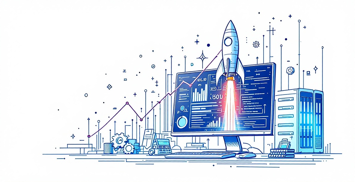 Minimalist blue sketch of a rocket launching beside a monitor showing performance metrics, with technical symbols