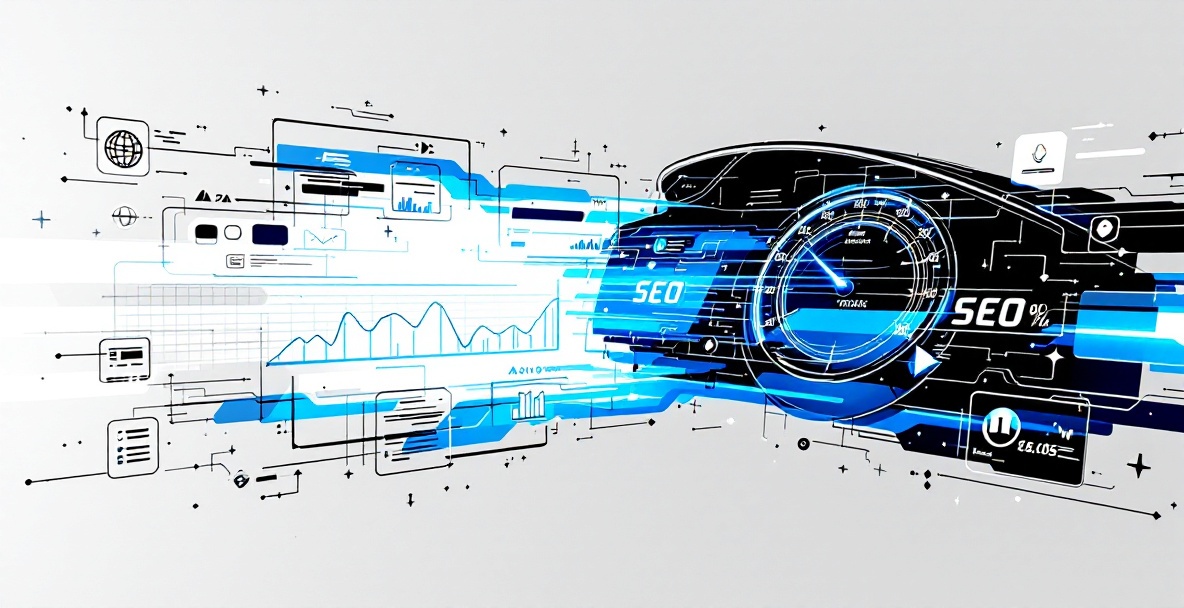 Minimalist sketch connecting racing car dashboard with website optimization metrics, showing speed and SEO elements