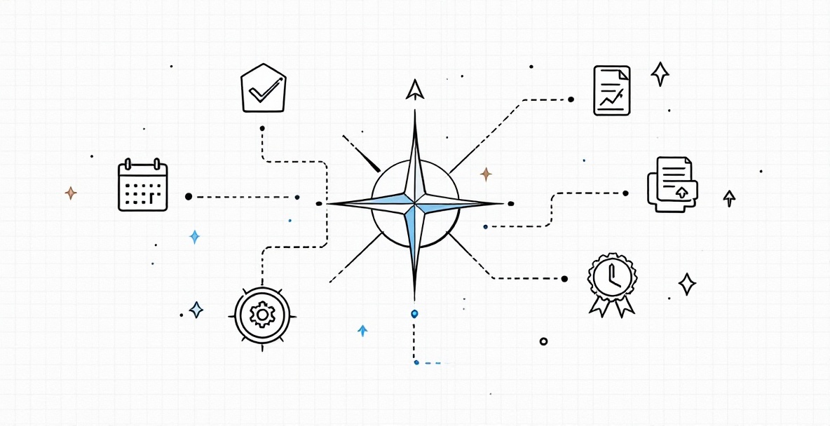 Minimalist concept map showing a strategic action plan with a central compass connecting to multiple business action pathways