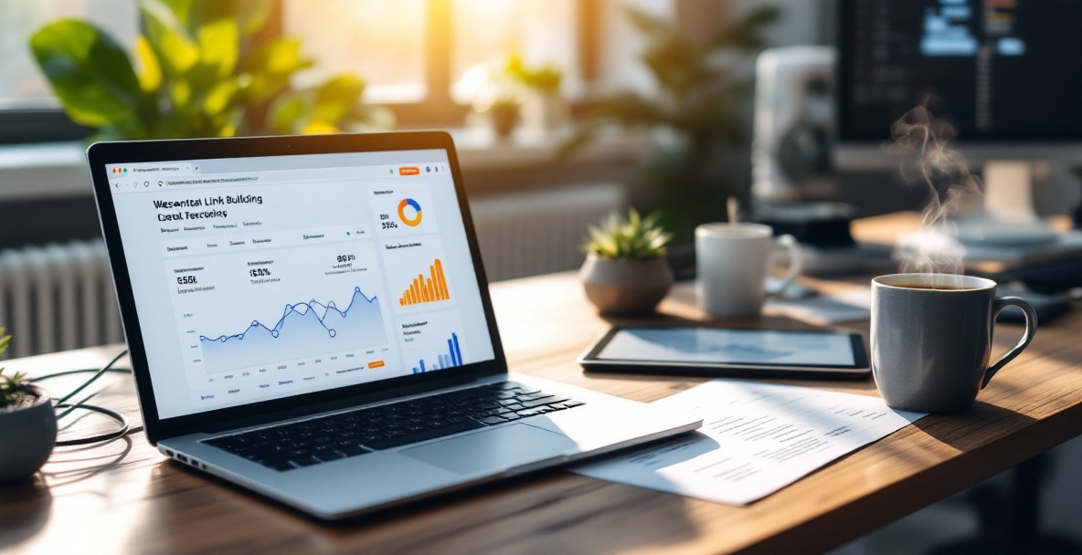 Minimalist workspace with laptop showing backlink data, tablet with SEO analytics, and link building notes