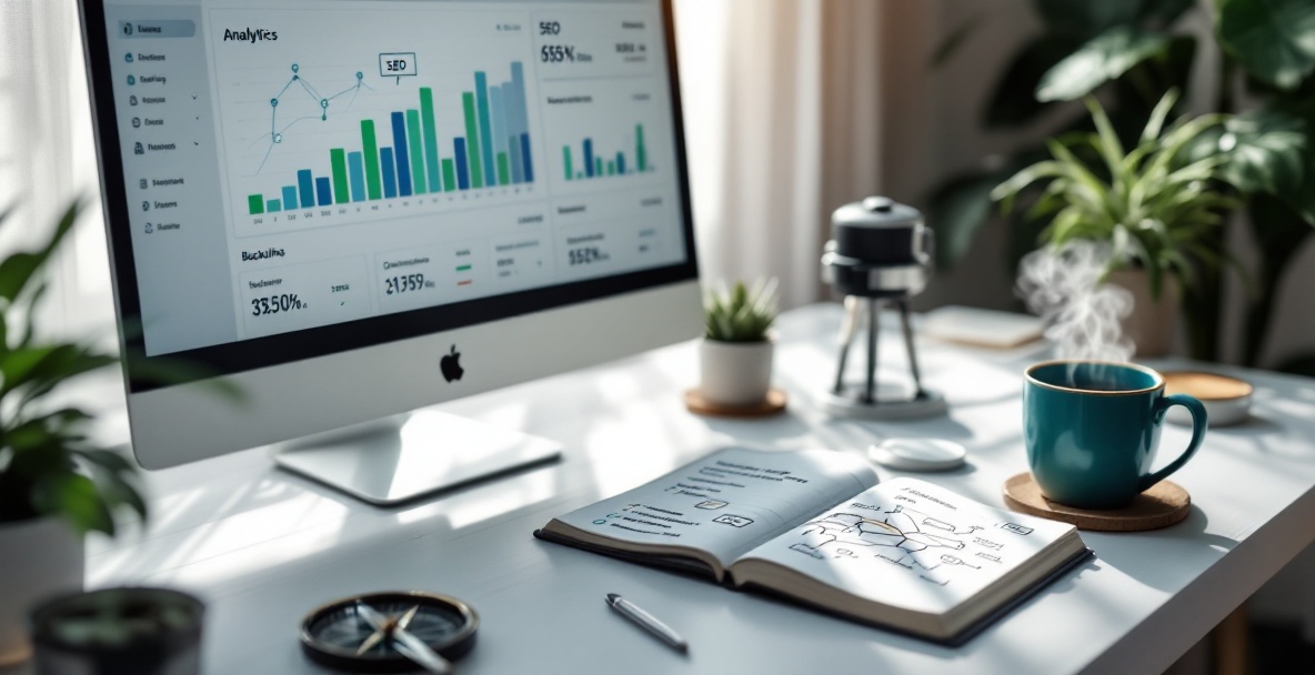 Minimalist workspace with monitor showing SEO analytics dashboard, notebook with link strategy map, and productivity tools